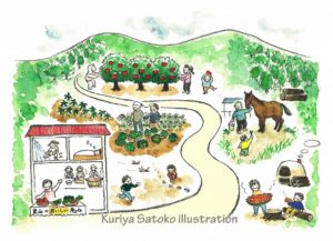 松本市岡田　山と馬プロジェクト　馬搬　里山　mountain & horse project illustration by Kuriya Satoko