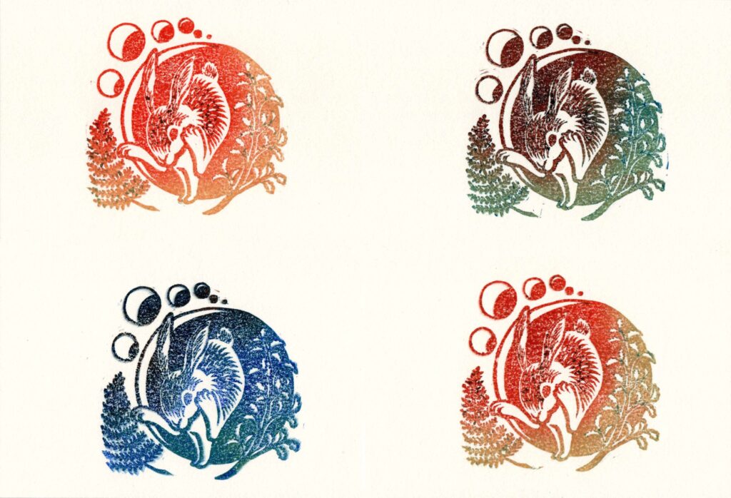 栗谷さと子　うさぎ　干支版画　Kuriya Satoko print