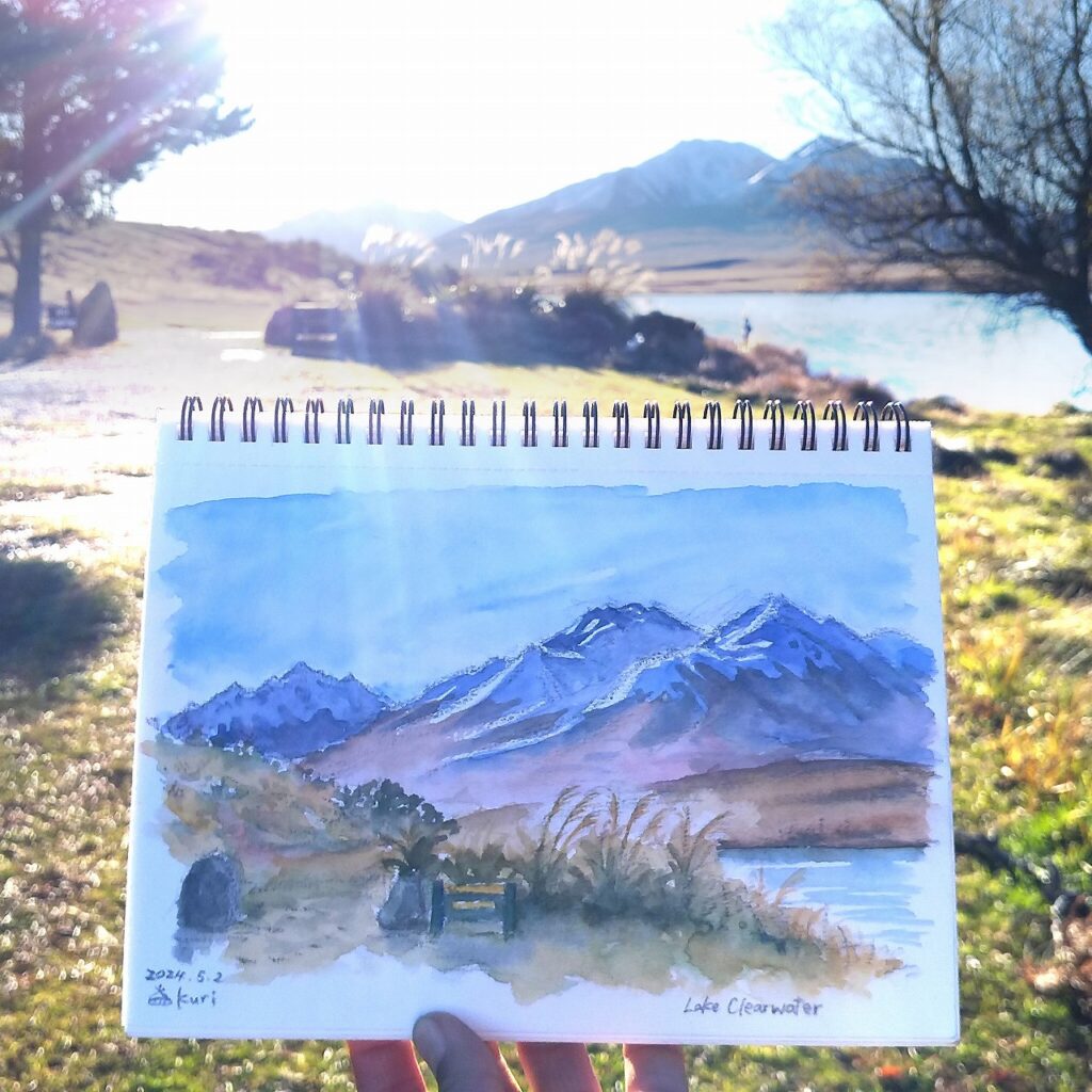 Travel sketch at lake Clearwater New Zealand art by Satoko Kuriya 栗谷さと子　ニュージーランド旅スケッチ　レイククリアウォーター