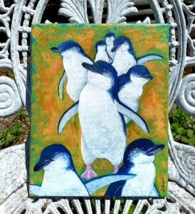 栗谷さと子　アクリル画　ペンギン Acrylic painting by Satoko Kuriya little blue penguins
