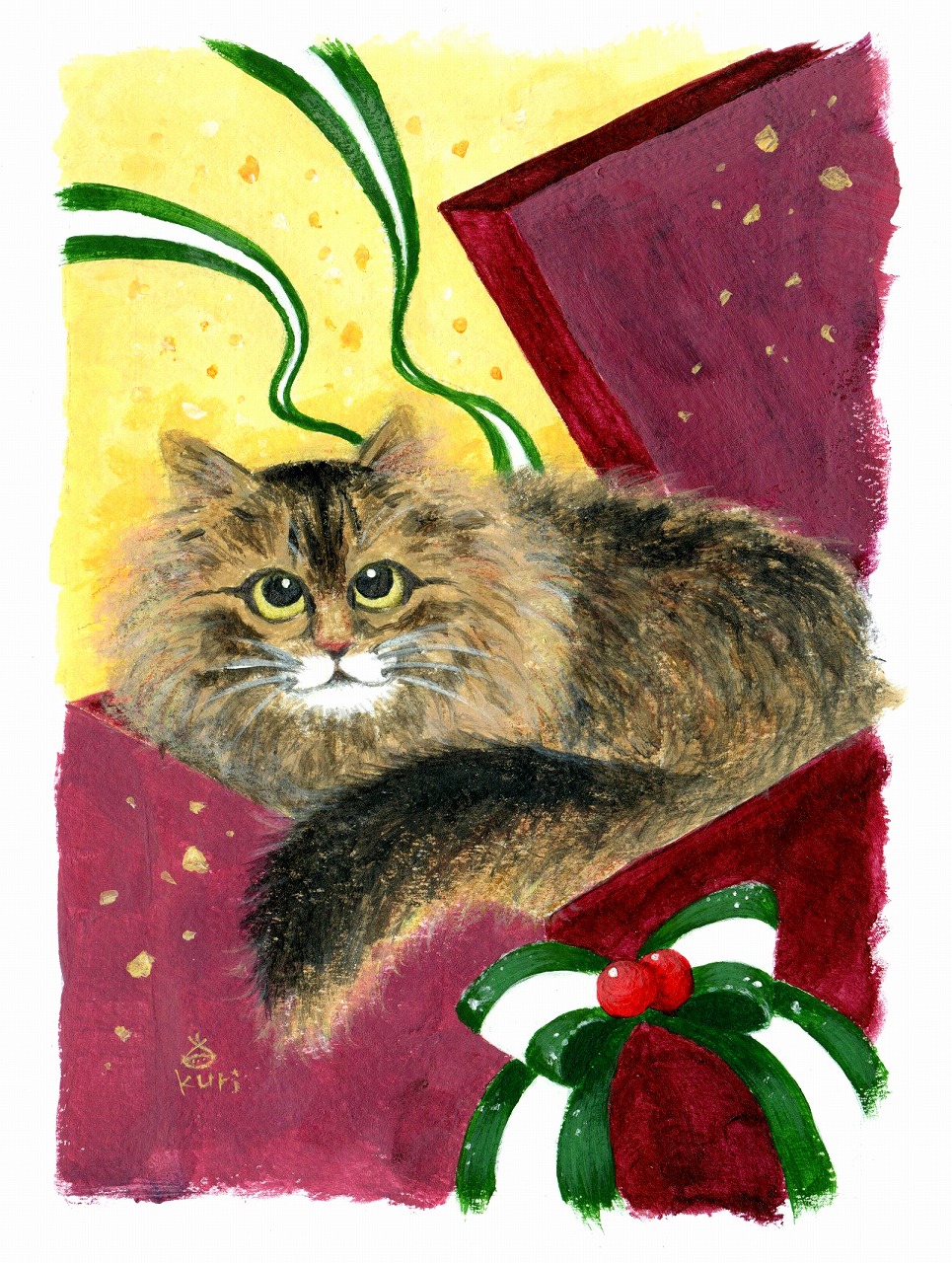 picture of a cat in a box painted by Satoko Kuriya